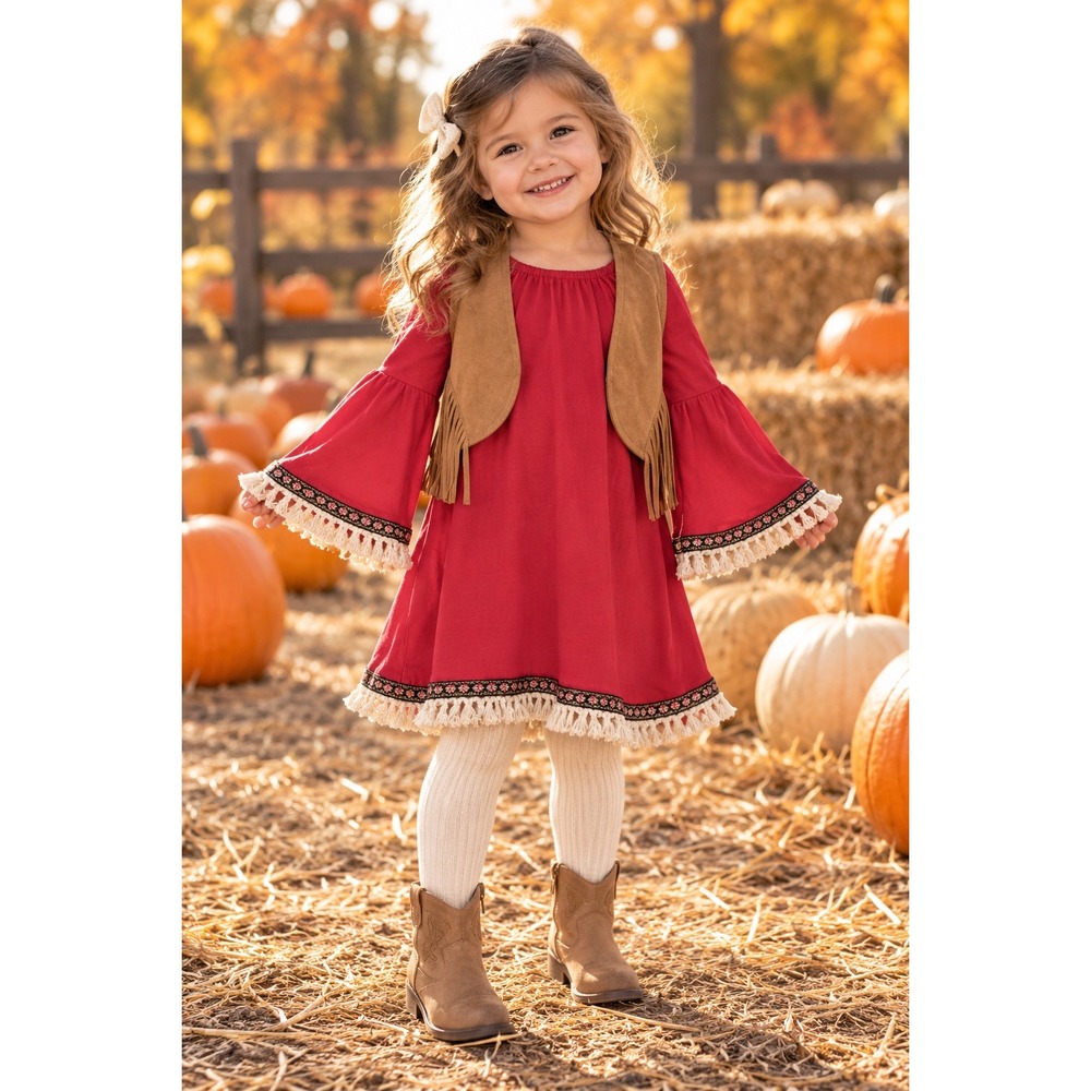 Toddler Girl Dress 2T-4T Pink Boho Fringe Bell Sleeve Western Cowgirl Fall Photo